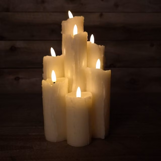 Samuel Alexander 7 Flame Battery Operated Melted Edge Christmas Wax Pillar Candle with Timer and Flicker Effect in White
