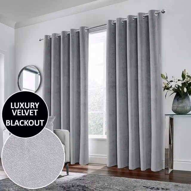Enhanced Living Grey Velvet Blackout Eyelet Curtains, Thermal Insulating, Width: 229 cm