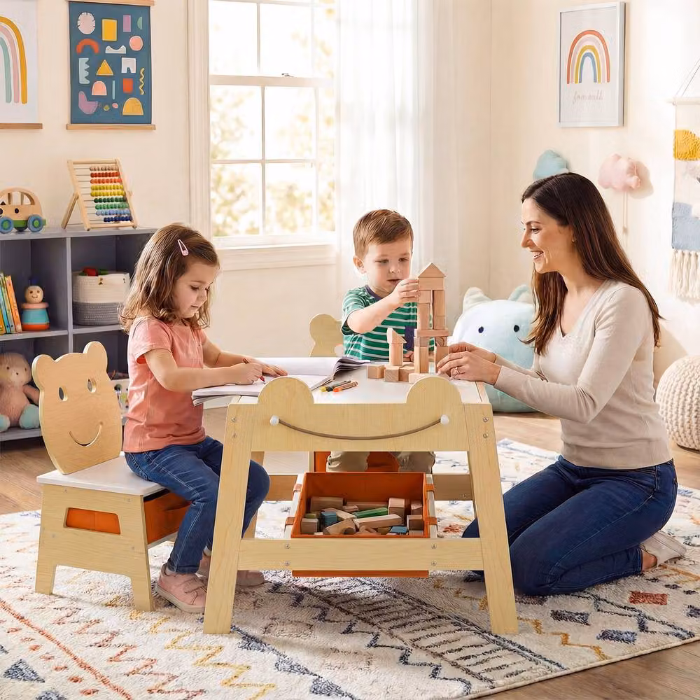Costway Versatile Kids Table and 2 Chairs Set with Reversible Folding Wooden Activity Board in Natural Wood – 3