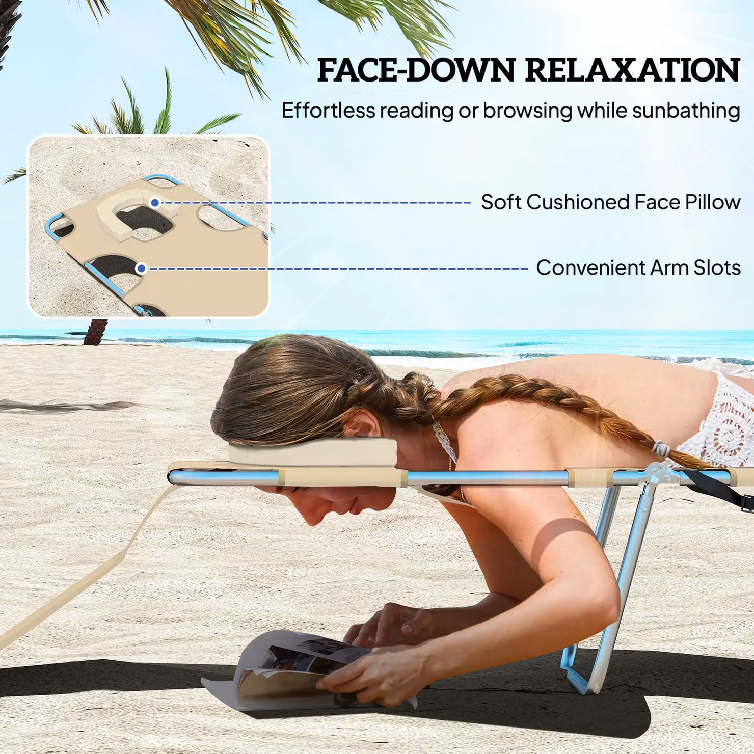 Outsunny Beige Foldable Beach Chaise Lounge with Adjustable Headrest and Armrests – 3