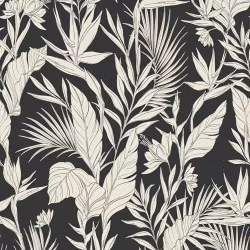 Grandeco Glistening Lucia Tropical Foliage Blown Vinyl Wallpaper in Black and White