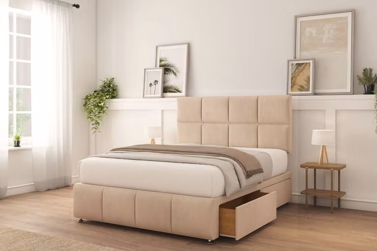 Sloomy Brington Naples Small Double Divan Bed Set with 4 Drawers and 26 inch Strutted Headboard in Black Velvet Fabric, W/D/H: 120 x 200 cm