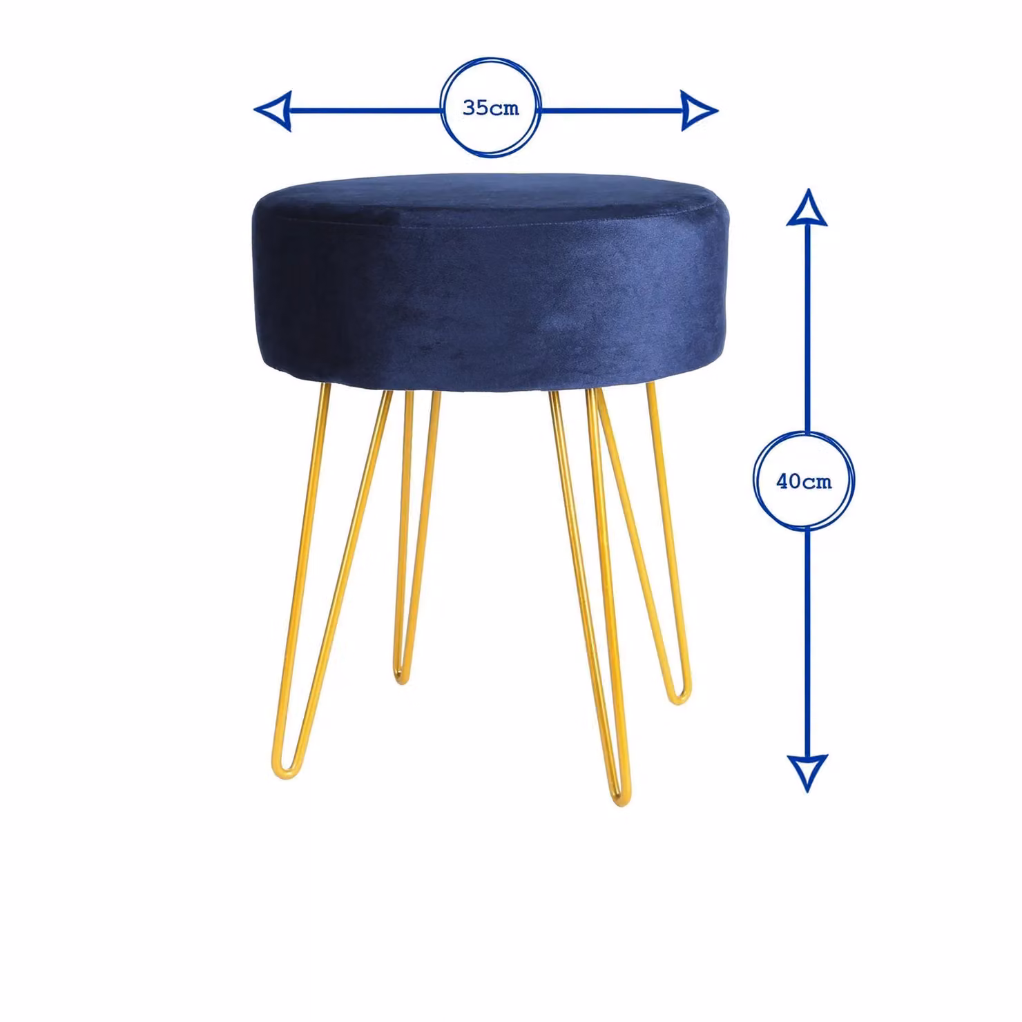 Harbour Housewares Round Blue Velvet Footstool with Gold Hairpin Legs, H40 x D35 cm – 4