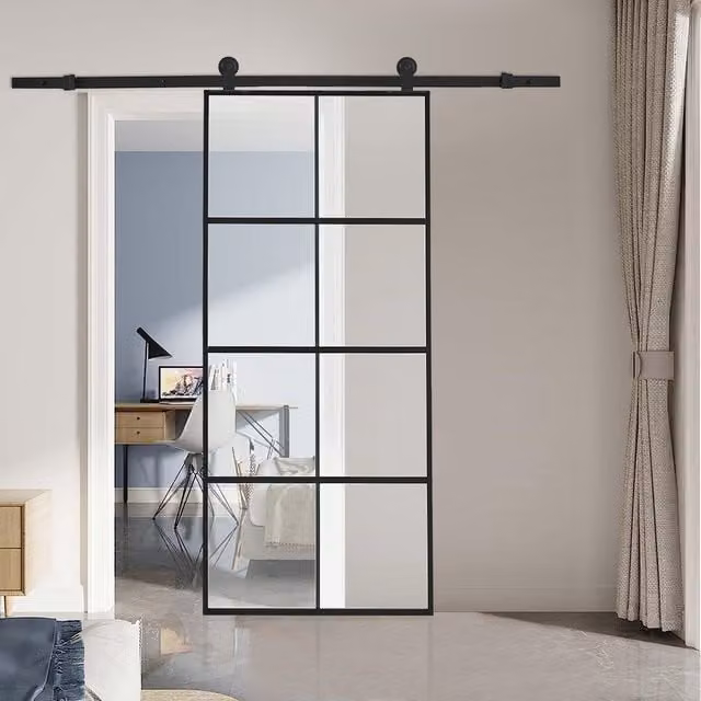 Livingandhome Black Industrial Sliding Barn Door with Frosted Glass and Aluminium Hardware Kit