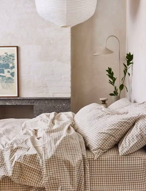 Piglet In Bed Washed Cotton Gingham Duvet Cover in Sand and Beige Checked Pattern