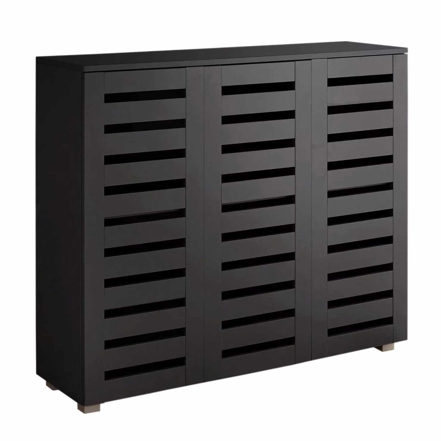 Home Source Oslo 3 Door Shoe Storage Cabinet in Black with Slatted Hinged Doors and Internal Shelves – 3