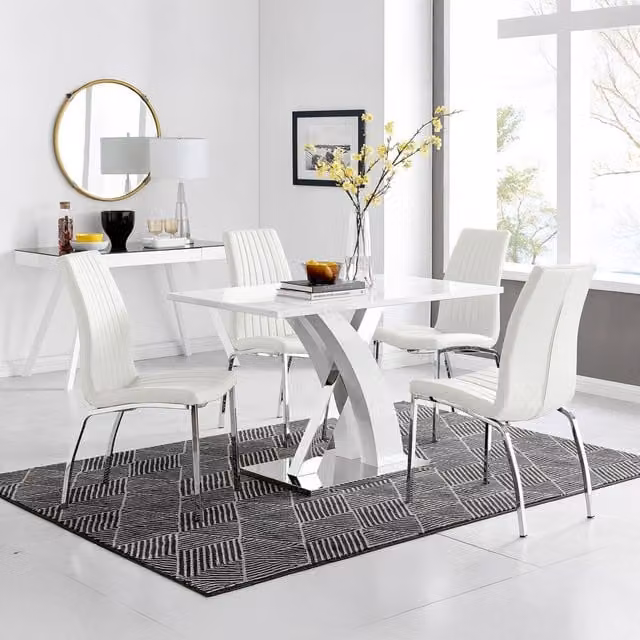 FurnitureboxUK Atlanta White Gloss and Chrome Rectangle Dining Table and 4 Isco Dining Chairs Set