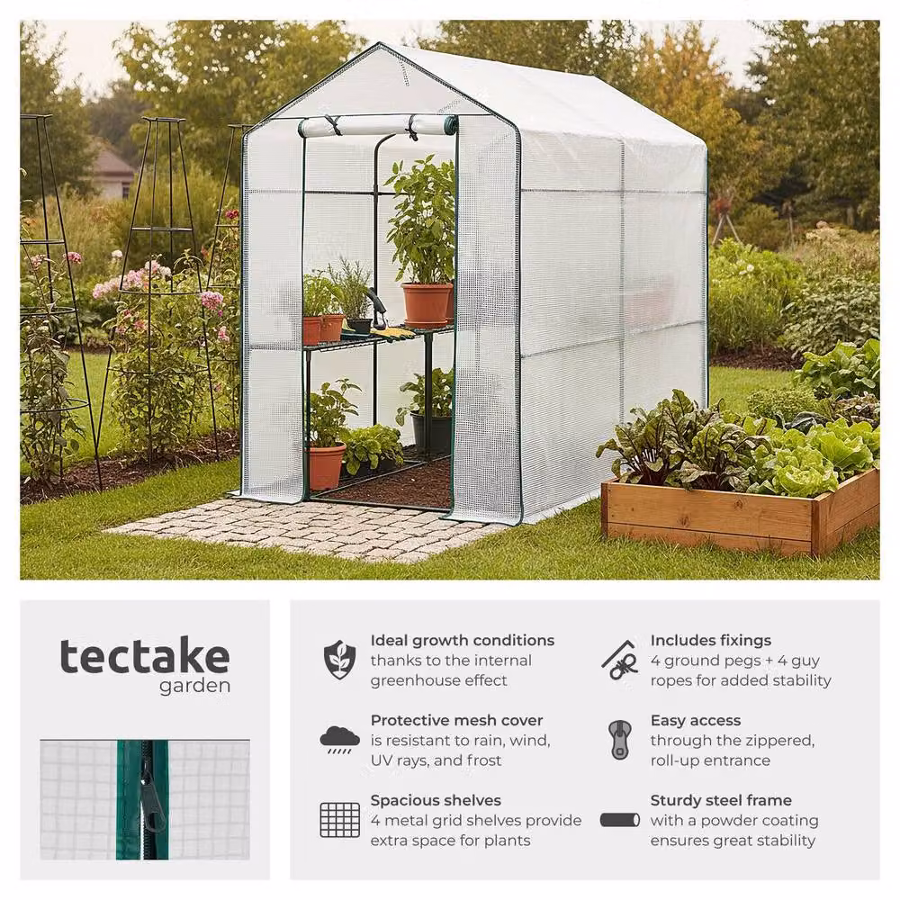 tectake Greenhouse with 4 Shelving Levels and Tarpaulin Cover, White, W/D/H: 186 x 120 x 190 cm – 2