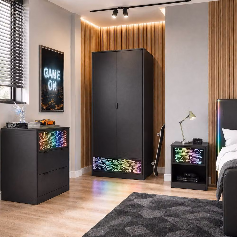 X Rocker NeoNite 2 Door Wardrobe with Drawer and Integrated LED Lighting, Black – 4