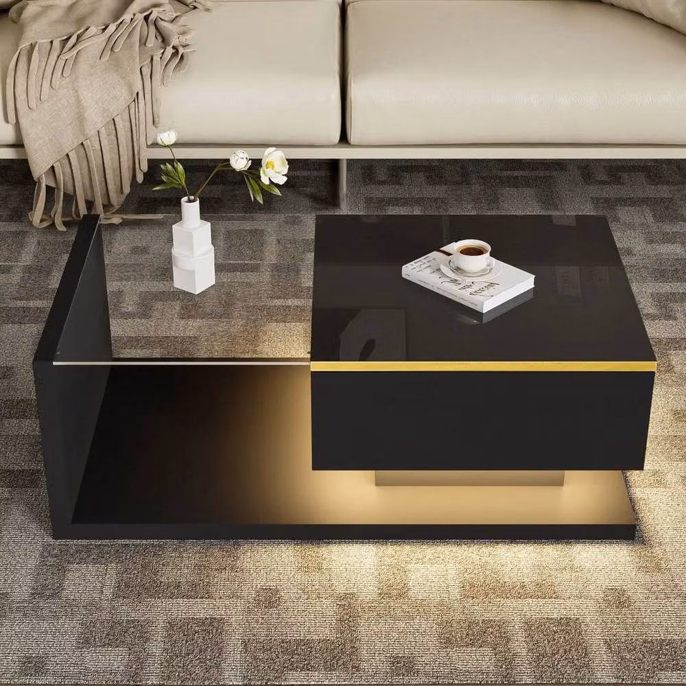 KORVIXA Modern Square Coffee Table with Glossy Black MDF and Glass Finish W/D/H: 50 x 50 x 32.5 cm – 3