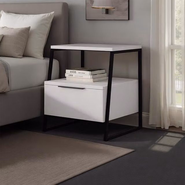 FWStyle 1 Door Bedside Table with Black Metal Frame in Matt White