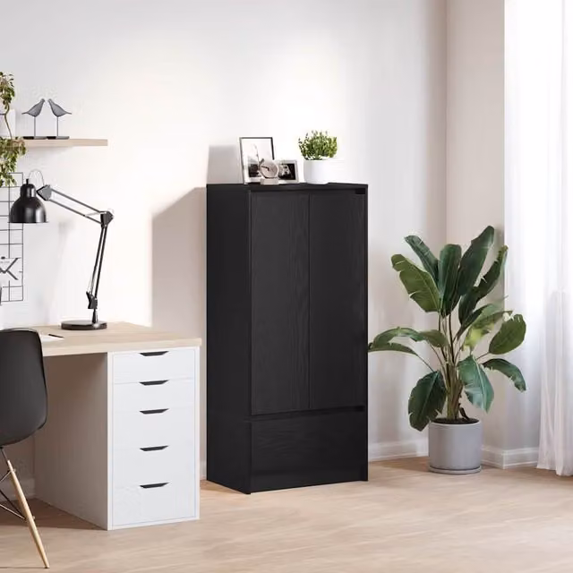 Berkfield Modern Wall Mounted Home Cabinet in Black Oak with Drawer and LED Lighting, W/D/H: 55.5 x 34 x 119.5 cm