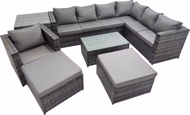 Fimous 9-Seater L-Shaped PE Rattan Patio Sofa Set in Grey with Powder Coated Steel Frame