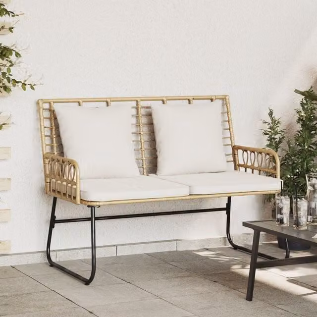 Berkfield Home Brown Poly Rattan Garden Bench with Upholstered Scatter Cushions and Metal Frame – 1