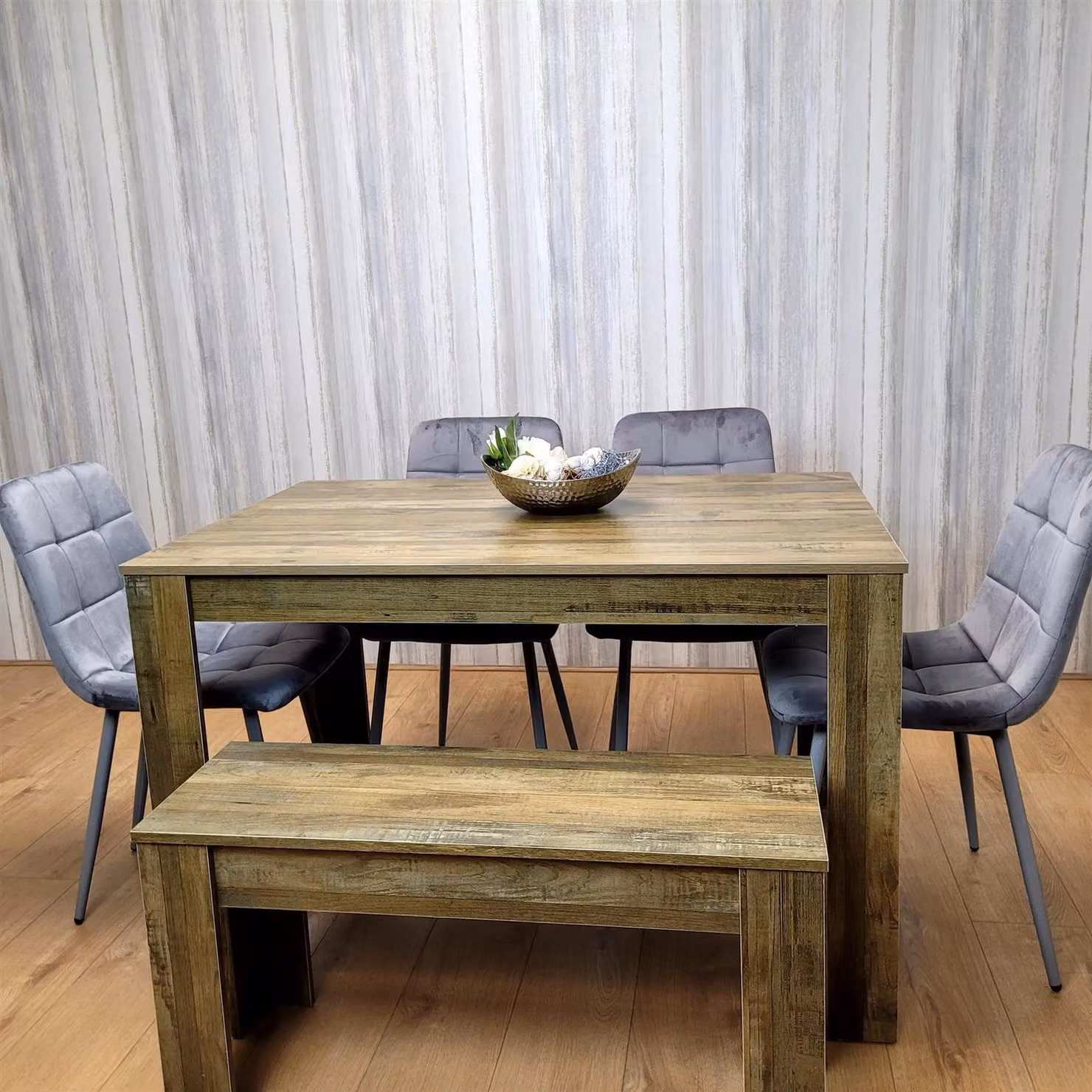 Kosy Koala Modern Rustic Dining Furniture Set with Brown Wooden Table, 4 Grey Velvet Chairs and Bench – 2