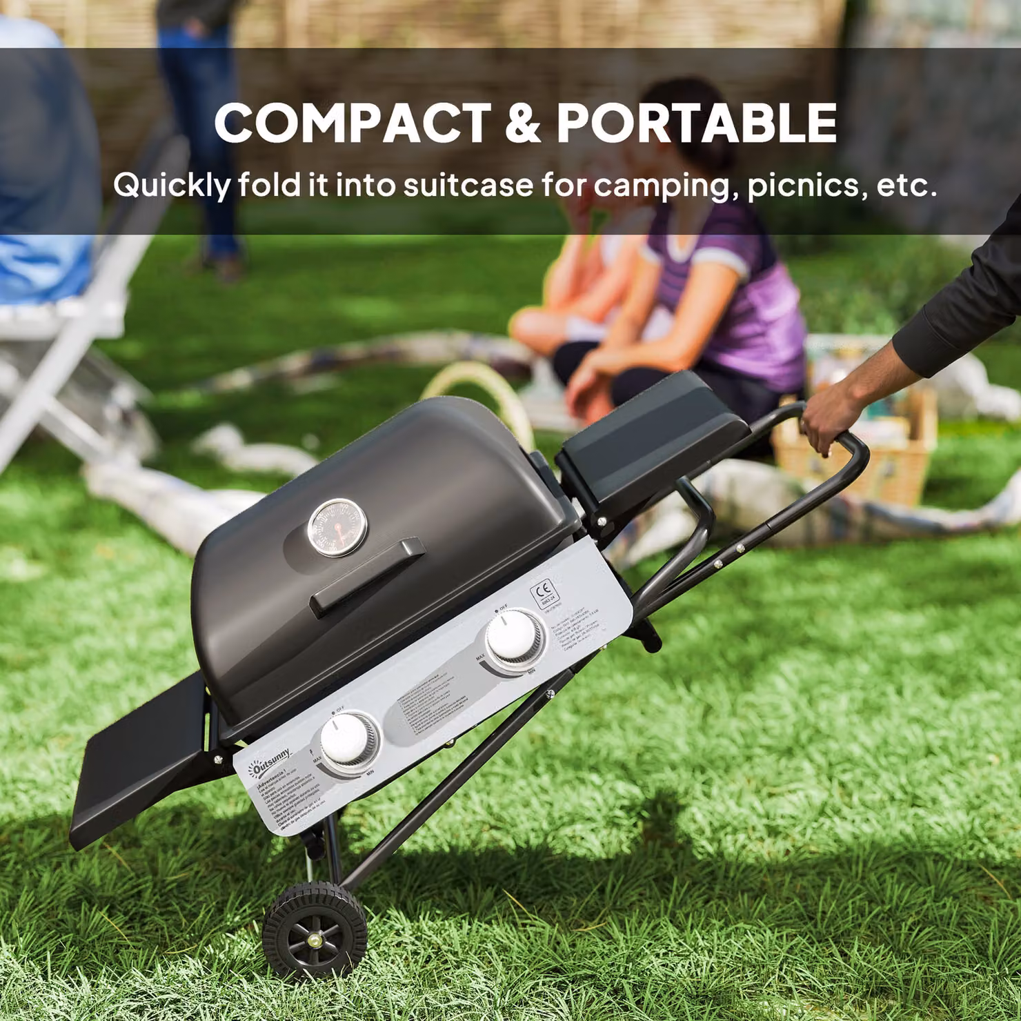 Outsunny 2 Burner Portable Gas BBQ with Trolley, Stainless Steel Frame, Thermometer and Lid, Black, W/D/H: 122 x 50 x 102 cm – 4