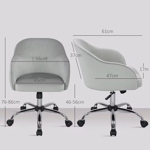 HOMCOM Grey Velvet Swivel Task Chair for Home Office and Bedroom, H 86 x W 61 x D 61 cm – 2