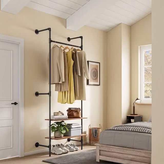 SoBuy Industrial Wall-Mounted Coat Rack with Continuous Linear Rail and Shelves in Black