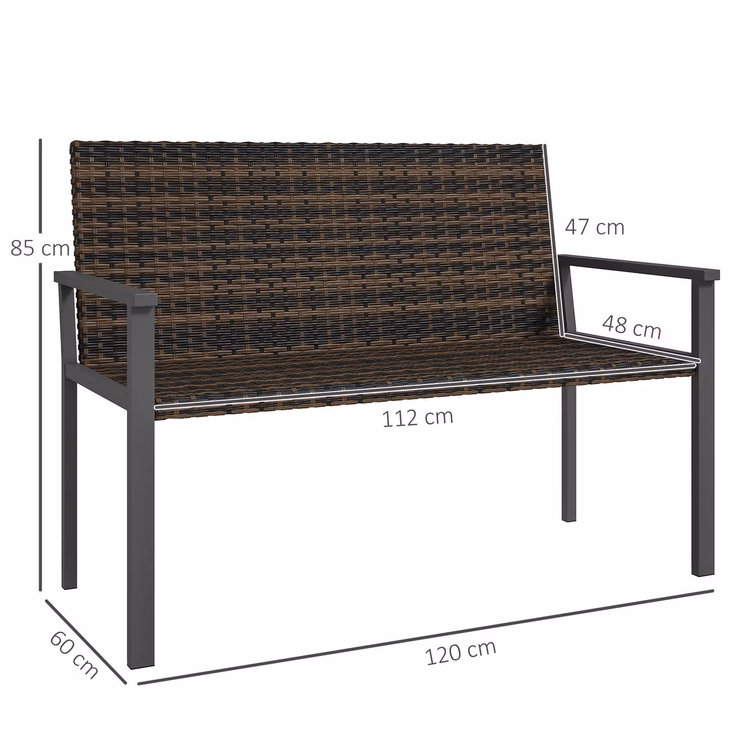 Outsunny 2 Seater Rattan Garden Bench with Armrests and Quick-Drying Cotton Padding in Mixed Brown – 3