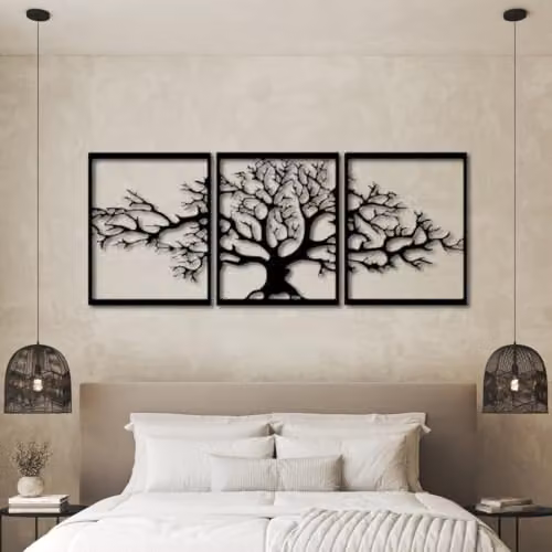 YOUR HOME RULEZ Tree of Life Black Metal Wall Art, 3 Piece Floral Botanical Decor Set, Width: 74 cm – 3