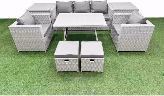 Fimous 9-Piece Outdoor PE Rattan Sofa and Dining Set with Cushions and Glass Tabletop, Light Grey