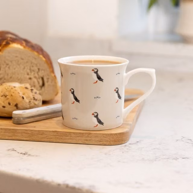 Set of 4 KitchenCraft White Fluted China Puffin Ceramic Mugs