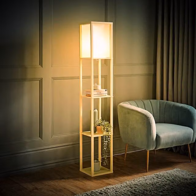Struttura Pastel Yellow Shelving Unit Floor Lamp with Fabric Shade and Bulb