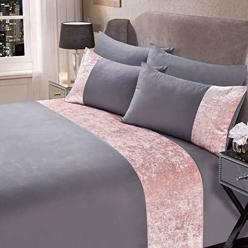 Sienna Crushed Velvet Double Duvet Cover and Pillowcase Set in Pink and Grey, W/D/H: 200 x 200 cm