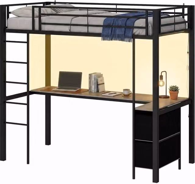 FORGEVIO Metal Bunk Bed with Desk and Drawers in Black, 90 x 190 cm