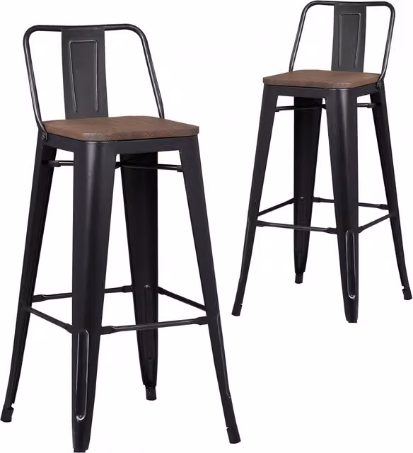 Pollux Pair of Minimalist Matte Black Metal Bar Stools with Wooden Seats