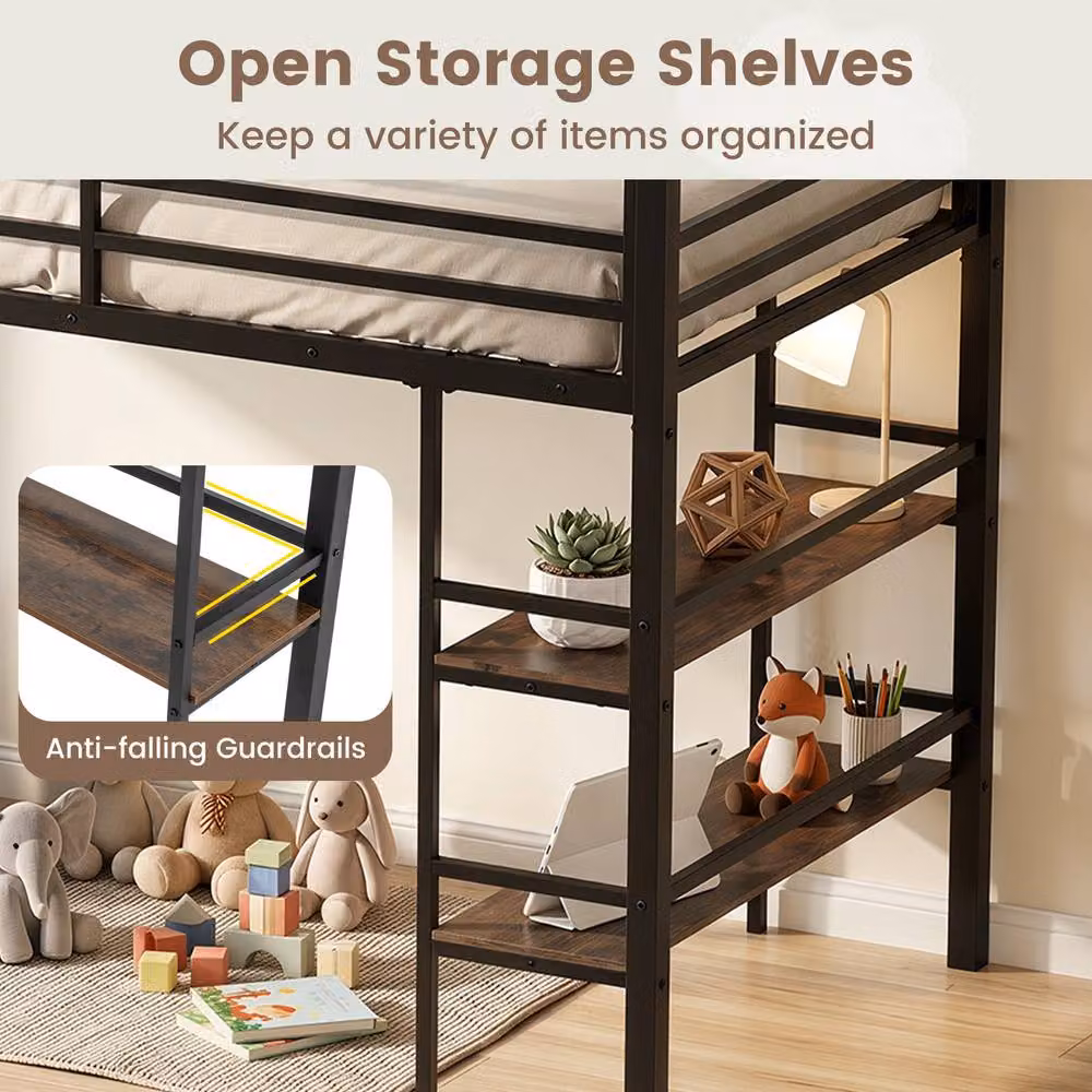 Costway Single Size Metal Loft Bed with Storage Shelves and Stairs in Brown – 4