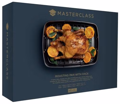 MasterClass Non-Stick Carbon Steel Roasting Dish with Rack, Grey, W: 40 cm, D: 28 cm, H: 7.5 cm – 2