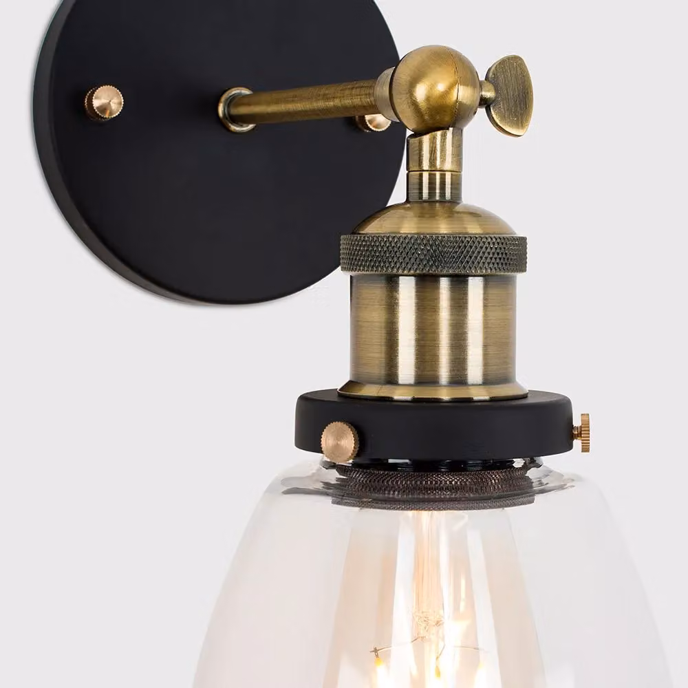 ValueLights Ambrose Industrial Pair of Gold and Black Metal Indoor Wall Lanterns with Transparent Glass – 3
