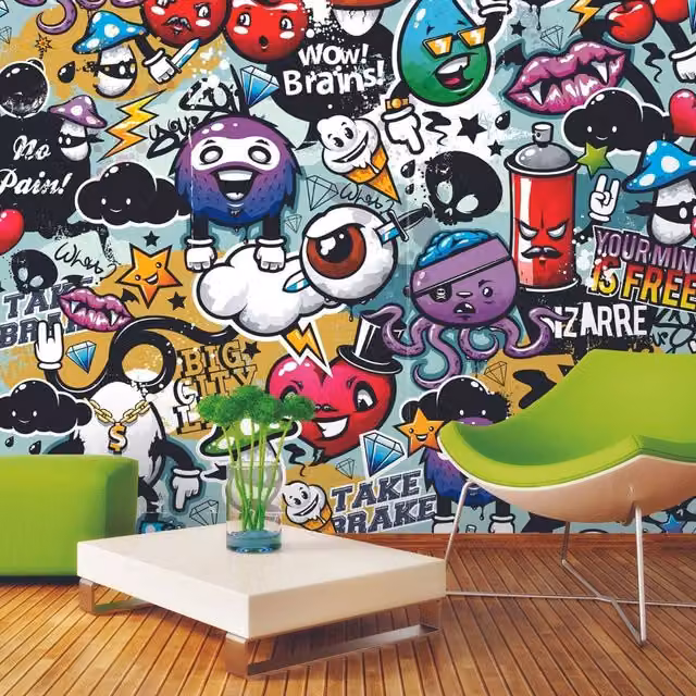 Origin Murals Graffiti Monster Abstract Wall Mural in Multicolour and Yellow