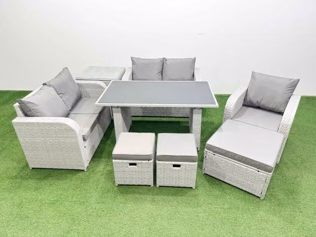 Fimous 8 Seater Outdoor Furniture Set with Love Sofa, 3 Stools and Side Table in Light Grey