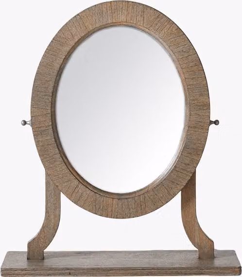 Perch & Parrow Juno Round Tabletop Dressing Table Mirror in Rustic Brown and Beige Wood