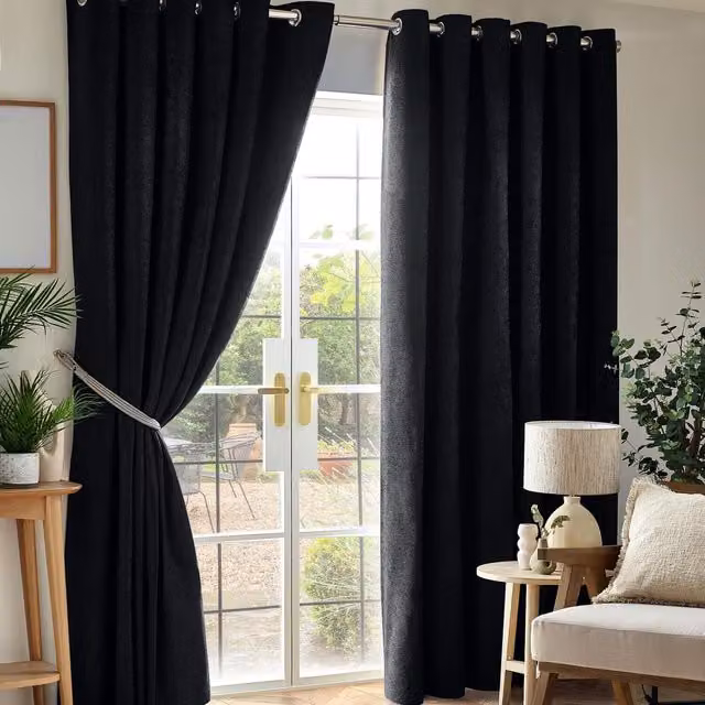 Livinluxury Blackout Chenille Eyelet Curtains, Black, Width: 168 cm