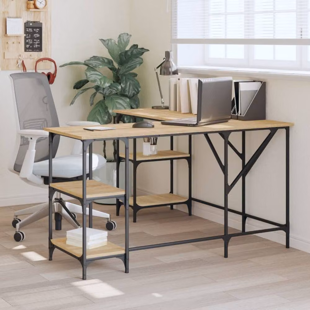 Berkfield Home Sonoma Oak Corner Desk in Beige and Brown, W/D/H: 139 x 139 x 75 cm – 2