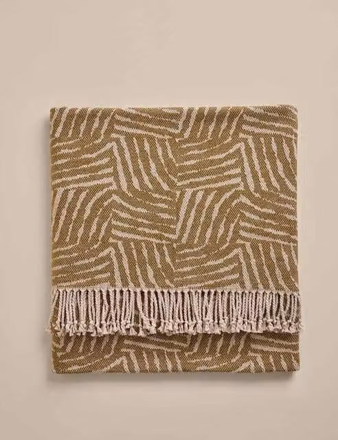 M&S Geometric Woven Cotton Rich Throw in Green and Brown