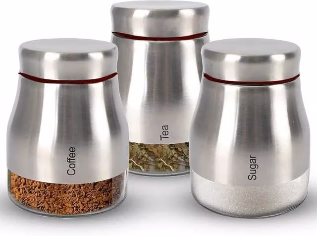 FLAVORA Silver Set of 3 Stainless Steel and Glass Kitchen Storage Canisters for Tea, Coffee and Sugar – 1