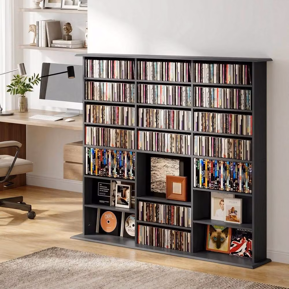 PAWNORA Minimalist Black Media Storage Unit with Adjustable Shelves and Back Panel – 6