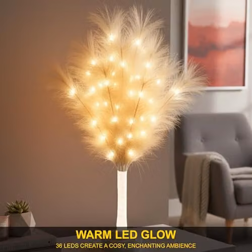 Shatchi Cream Feather Tree Table Lamp with Warm White LEDs, Battery Operated, Height: 70 cm – 3