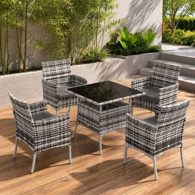 STILVORA 5-Piece Dining Set with Rattan Design, Glass and Metal in Grey
