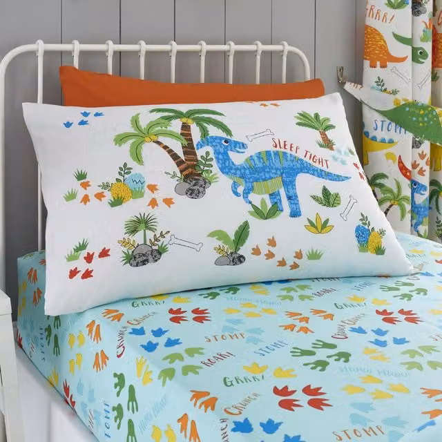 Happy Linen Company Dinky Dinosaurs Fitted Sheet for Kids, Multicolour, W/D/H: 140 x 200 cm