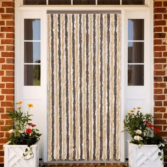 Berkfield Home Striped Chenille Fly Curtain in Dark Brown and Beige, W: 90 cm, H: 200 cm