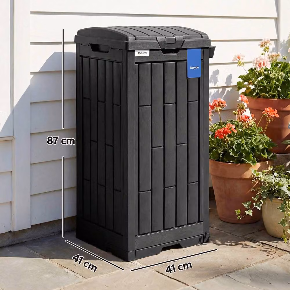 OUTSUNNY 110 L Outdoor Bin with Dual Flip Lid, Side Holder and Drip Tray, Black – 3