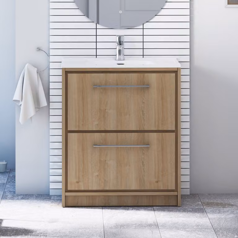 Livora Natural Oak Floor Standing Bathroom Vanity Unit with 2 Drawers and Ceramic Basin