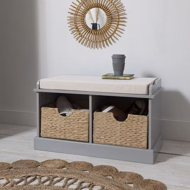 Noa and Nani Stockholm Storage Bench with 2 Rattan Baskets in Silk Grey