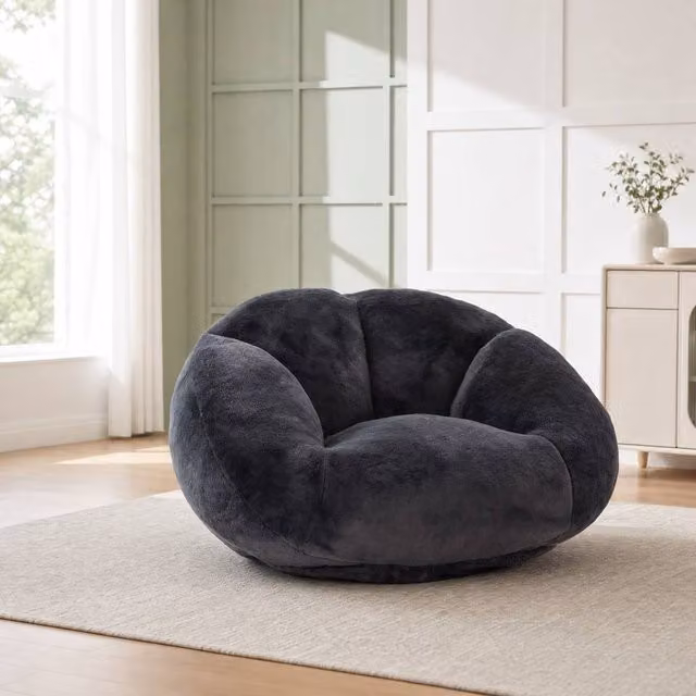 STILVORA Shell-Shape Bean Bag Chair with Black Faux Fur and Shredded Memory Foam