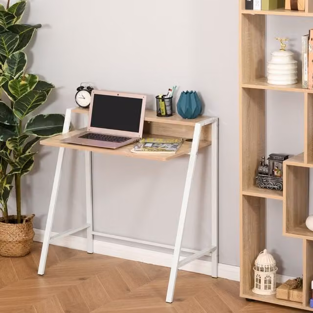 HOMCOM 2-Tier Computer Workstation with Shelf and Metal Frame in Brown – 1